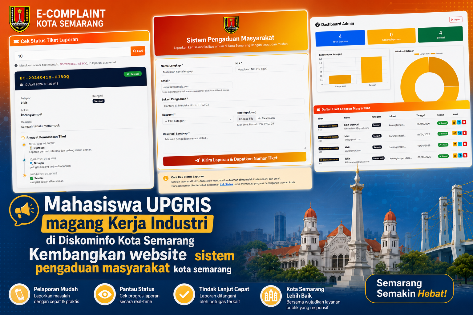 Melalui Program Magang, Mahasiswa UPGRIS Kembangkan Sistem E-Complaint di Dinas Komunikasi, Informatika, Statistik, dan Persandian Kota Semarang.