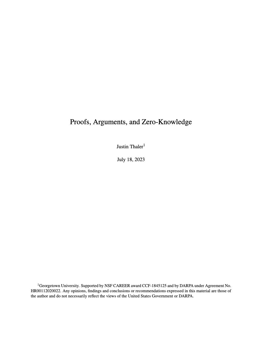 2023 Proofs, Arguments, And Zero Knowledge (Justin Thaler)